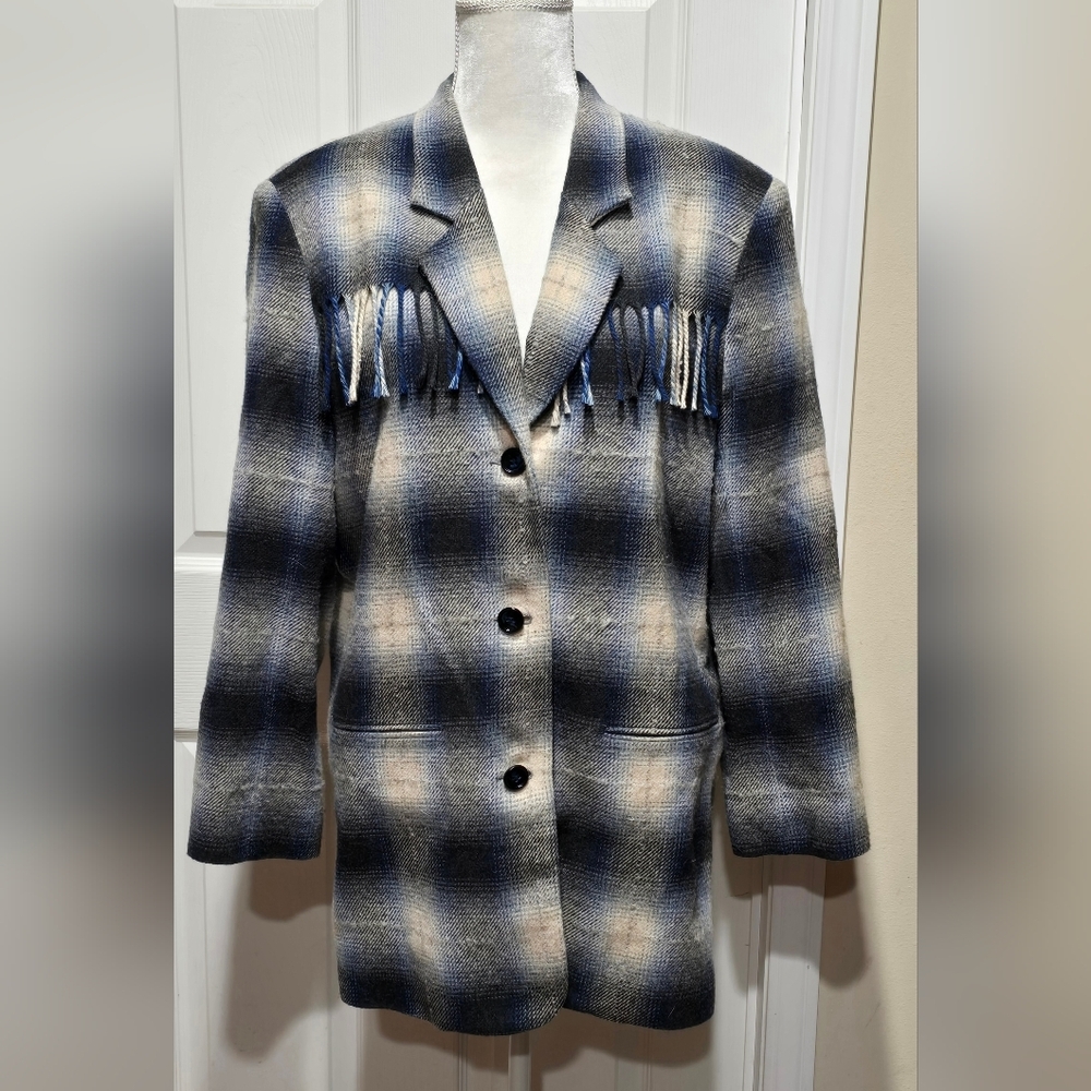 Vintage Karen Kane Plaid Fringe Wool Blend Women's Jacket Blazer